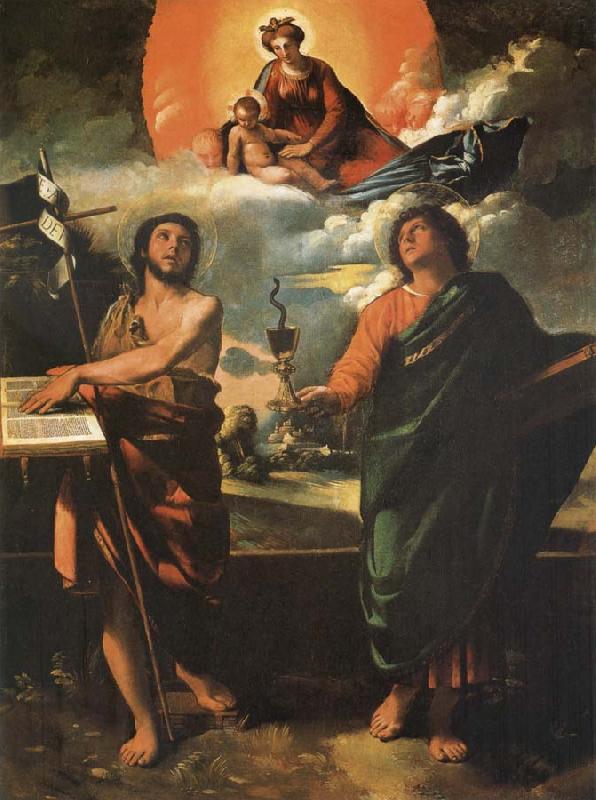 Dosso Dossi The Madonna in the glory with the Holy Juan the Baptist and Juan the Evangelist